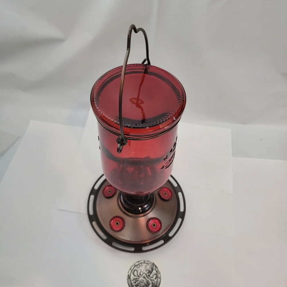 CB & Sons Nectar Hummingbird Feeder Red Glass Metal Vintage Hanging Outdoor 20oz